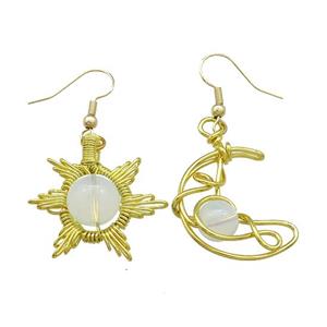 Copper Hook Earring Star Moon With Opalite Wire Wrapped Gold Plated, approx 8mm, 10mm, 25mm [GM21310]