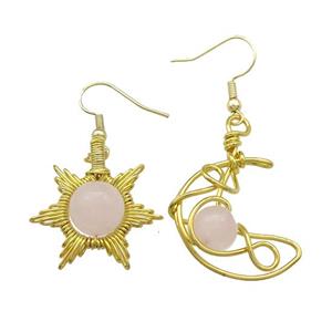 Copper Hook Earring Star Moon With Rose Quartz Wire Wrapped Gold Plated, approx 8mm, 10mm, 25mm [GM21311]
