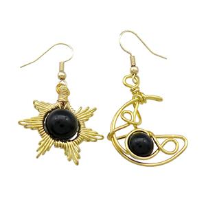 Copper Hook Earring Star Moon With Black Obsidian Wire Wrapped Gold Plated, approx 8mm, 10mm, 25mm [GM21312]