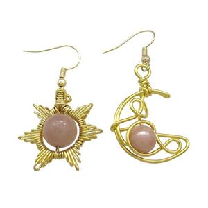 Copper Hook Earring Star Moon With Peach Moonstone Wire Wrapped Gold Plated, approx 8mm, 10mm, 25mm [GM21313]