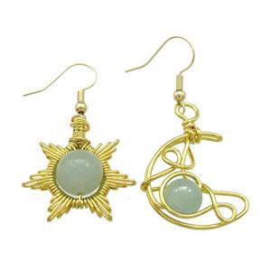 Copper Hook Earring Star Moon With Green Aventurine Wire Wrapped Gold Plated, approx 8mm, 10mm, 25mm [GM21314]