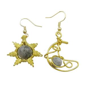 Copper Hook Earring Star Moon With Labradorite Wire Wrapped Gold Plated, approx 8mm, 10mm, 25mm [GM21315]