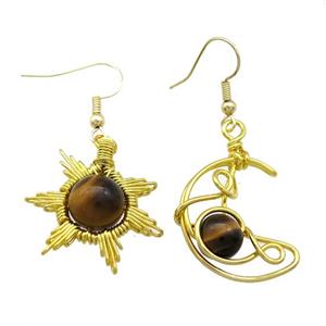 Copper Hook Earring Star Moon With Tiger Eye Stone Wire Wrapped Gold Plated, approx 8mm, 10mm, 25mm [GM21316]