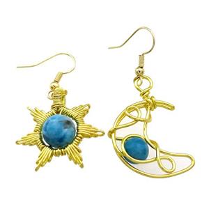 Copper Hook Earring Star Moon With Blue Apatite Wire Wrapped Gold Plated, approx 8mm, 10mm, 25mm [GM21317]