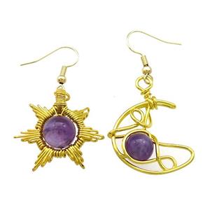 Copper Hook Earring Star Moon With Amethyst Wire Wrapped Gold Plated, approx 8mm, 10mm, 25mm [GM21318]
