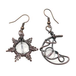 Copper Hook Earring Star Moon With Clear Quartz Wire Wrapped Antique Red, approx 8mm, 10mm, 25mm [GM21319]