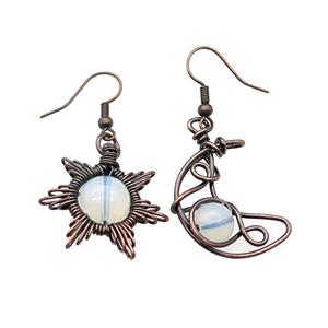 Copper Hook Earring Star Moon With Opalite Wire Wrapped Antique Red, approx 8mm, 10mm, 25mm [GM21320]