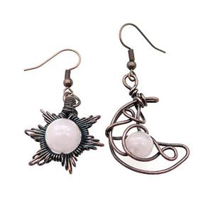 Copper Hook Earring Star Moon With Rose Quartz Wire Wrapped Antique Red, approx 8mm, 10mm, 25mm [GM21321]