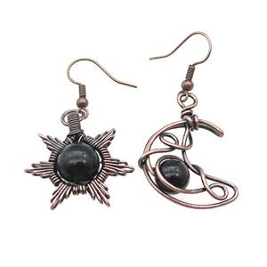 Copper Hook Earring Star Moon With Black Obsidian Wire Wrapped Antique Red, approx 8mm, 10mm, 25mm [GM21322]