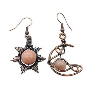 Copper Hook Earring Star Moon With Peach Moonstone Wire Wrapped Antique Red, approx 8mm, 10mm, 25mm [GM21323]