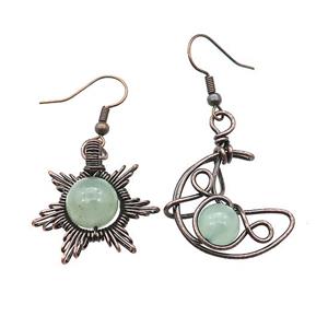 Copper Hook Earring Star Moon With Green Aventurine Wire Wrapped Antique Red, approx 8mm, 10mm, 25mm [GM21324]