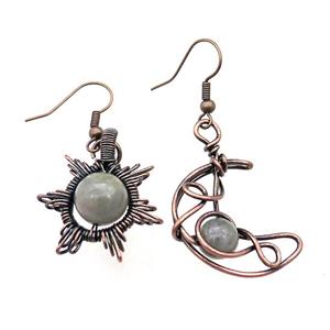 Copper Hook Earring Star Moon With Labradorite Wire Wrapped Antique Red, approx 8mm, 10mm, 25mm [GM21325]