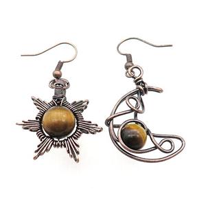 Copper Hook Earring Star Moon With Tiger Eye Stone Wire Wrapped Antique Red, approx 8mm, 10mm, 25mm [GM21326]