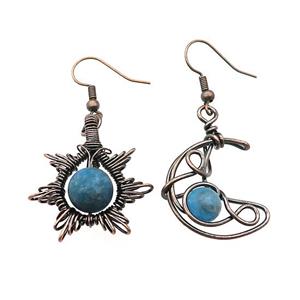 Copper Hook Earring Star Moon With Blue Apatite Wire Wrapped Antique Red, approx 8mm, 10mm, 25mm [GM21327]