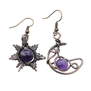 Copper Hook Earring Star Moon With Purple Amethyst Wire Wrapped Antique Red, approx 8mm, 10mm, 25mm [GM21328]