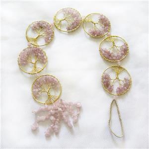 Tree Of Life Links Pendant Tassel Rose Quartz Copper Wire Wrapped Gold Plated, approx 50mm [GM21329]