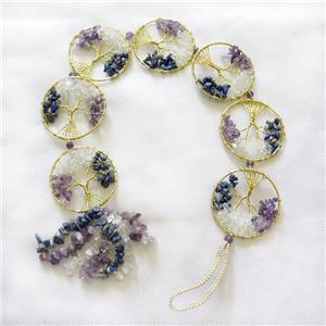 Tree Of Life Links Pendant Tassel With Mixed Gemstone Copper Wire Wrapped Gold Plated, approx 50mm [GM21330]