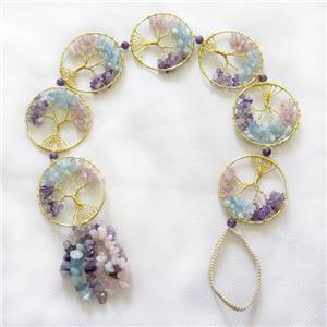 Tree Of Life Links Pendant Tassel With Mixed Gemstone Copper Wire Wrapped Gold Plated, approx 50mm [GM21331]