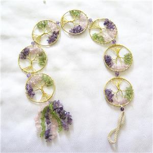 Tree Of Life Links Pendant Tassel With Mixed Gemstone Copper Wire Wrapped Gold Plated, approx 50mm [GM21333]