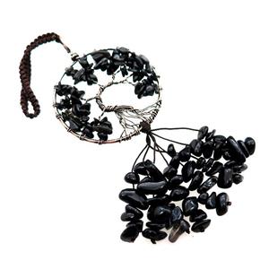 Tree Of Life Pendant Tassel With Black Obsidian Copper Wire Wrapped Antique Red, approx 50mm, 110mm length [GM21335]