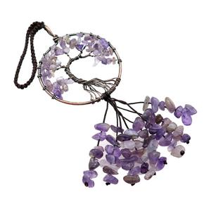 Tree Of Life Pendant Tassel With Purple Amethyst Copper Wire Wrapped Antique Red, approx 50mm, 110mm length [GM21337]