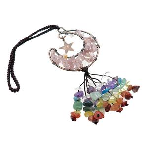Rose Quartz Moon Pendant Tassel With Chakra Gemstone Copper Wire Wrapped Antique Red, approx 50mm, 110mm length [GM21339]