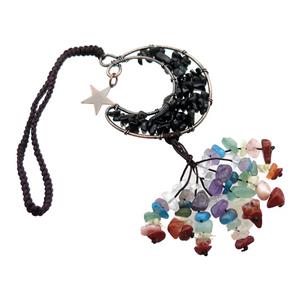 Black Obsidian Moon Pendant Tassel With Chakra Gemstone Copper Wire Wrapped Antique Red, approx 50mm, 110mm length [GM21340]