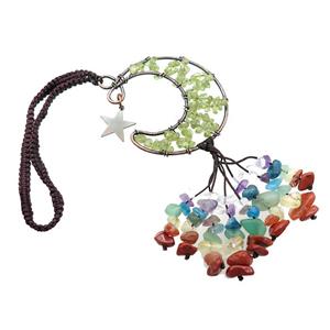 Green Peridot Moon Pendant Tassel With Chakra Gemstone Copper Wire Wrapped Antique Red, approx 50mm, 110mm length [GM21342]