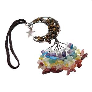 Tiger Eye Stone Moon Pendant Tassel With Chakra Gemstone Copper Wire Wrapped Antique Red, approx 50mm, 110mm length [GM21344]