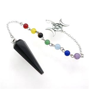 Black Obsidian Pendulum Pendant With Gemstone Chakra Chain Alloy Star Moon Platinum Plated, approx 13-42mm, 6mm, 18cm length [GM21349]