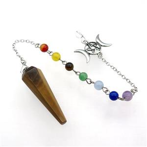 Tiger Eye Stone Pendulum Pendant With Gemstone Chakra Chain Alloy Star Moon Platinum Plated, approx 13-42mm, 6mm, 18cm length [GM21351]