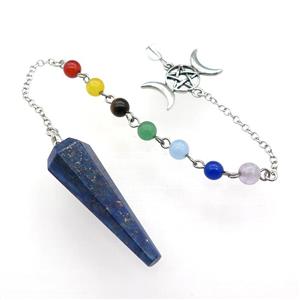 Blue Lapis Lazuli Pendulum Pendant With Gemstone Chakra Chain Alloy Star Moon Platinum Plated, approx 13-42mm, 6mm, 18cm length [GM21352]