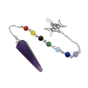 Purple Amethyst Pendulum Pendant With Gemstone Chakra Chain Alloy Star Moon Platinum Plated, approx 13-42mm, 6mm, 18cm length [GM21353]