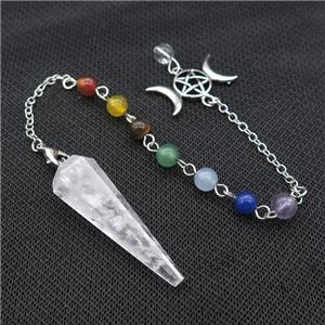 Clear Quartz Pendulum Pendant With Gemstone Chakra Chain Alloy Star Moon Platinum Plated, approx 13-42mm, 6mm, 18cm length [GM21354]