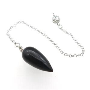 Black Obsidian Pendulum Pendant With Alloy Chain Platinum Plated, approx 14-30mm, 8mm, 16cm length [GM21357]