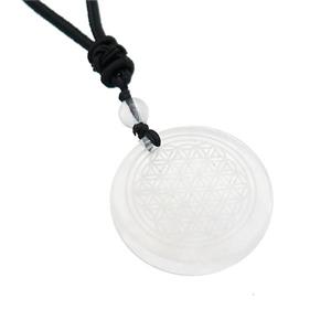 Clear Quartz Circle Necklace Flower Of Life Black Nylon Rope Cord, approx 30mm [GM21418]