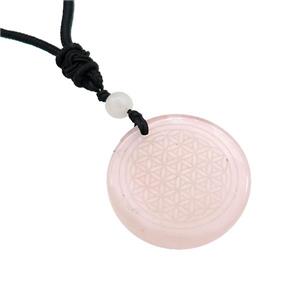 Pink Rose Quartz Circle Necklace Flower Of Life Black Nylon Rope Cord, approx 30mm [GM21419]