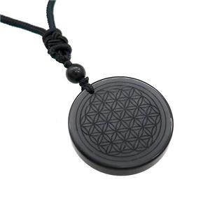 Black Obsidian Circle Necklace Flower Of Life Black Nylon Rope Cord, approx 30mm [GM21421]