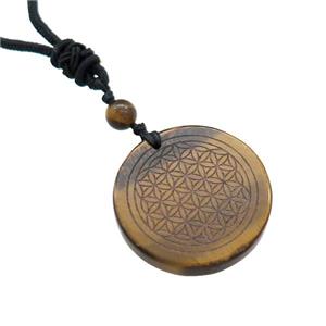 Tiger Eye Stone Circle Necklace Flower Of Life Black Nylon Rope Cord, approx 30mm [GM21422]