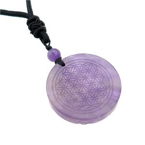 Purple Amethyst Circle Necklace Flower Of Life Black Nylon Rope Cord, approx 30mm [GM21424]