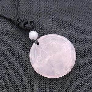 Pink Rose Quartz Circle Chakra Necklace Black Nylon Rope Cord, approx 30mm [GM21427]