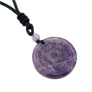 Purple Amethyst Circle Chakra Necklace Black Nylon Rope Cord, approx 30mm [GM21432]