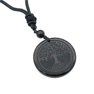 Black Obsidian Circle Necklace Tree Of Life Carved Black Nylon Rope Cord, approx 30mm [GM21437]
