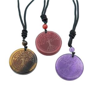 Gemstone Circle Necklace Tree Of Life Carved Black Nylon Rope Cord Mixed, approx 30mm [GM21441]