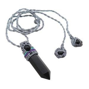 Black Obsidian Prism Necklace Gray Fabric Rope Cord, approx 12-50mm [GM21444]