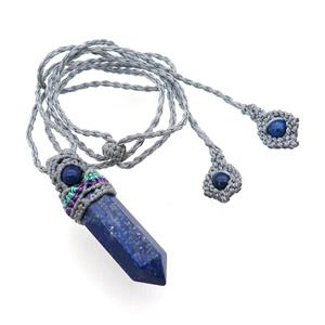 Blue Lapis Lazuli Prism Necklace Gray Fabric Rope Cord, approx 12-50mm [GM21447]