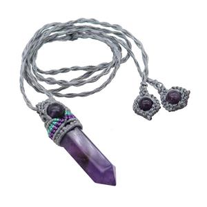 Purple Amethyst Prism Necklace Gray Fabric Rope Cord, approx 12-50mm [GM21448]