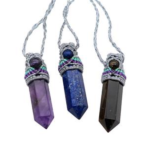 Gemstone Prism Necklace Point Gray Fabric Rope Cord Mixed, approx 12-50mm [GM21449]