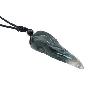 Green Moss Agate Crow Skull Necklace Birds Black Nylon Rope Cord, approx 25-70mm [GM21453]