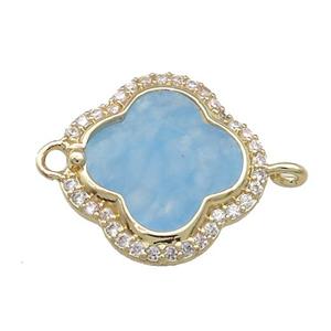 Jade Clover Connector Pave Zircon Blue Dye Gold Plated, approx 17mm [GM21487]